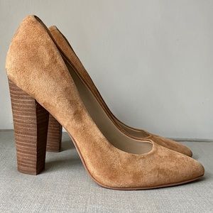 BCBGeneneration Tan Suede Wood Block Stacked Heel